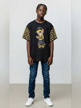 Fresh Laundry Drip Kids' Black and Yellow Graphic Bear Tee Size Large